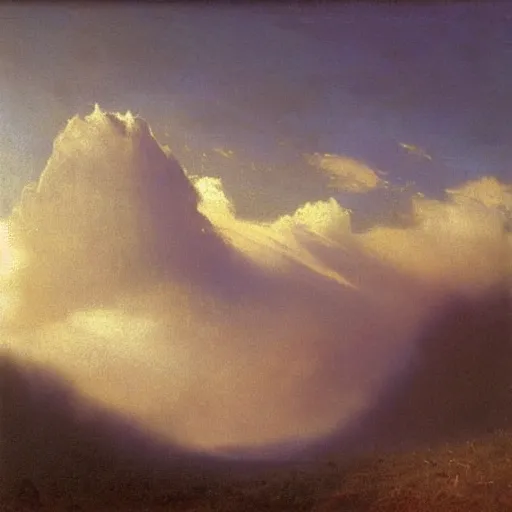 Image similar to clouds, volumetric, canvas, very detailed, oil painting, canvas, Albert Bierstadt, Theodor Kittelsen