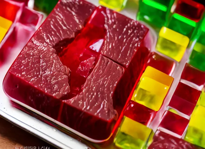 Image similar to dslr food photograph of a jello mold filled with cubes of beef, 8 5 mm f 1. 8