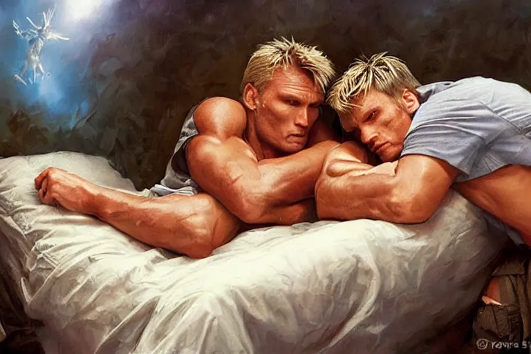 Image similar to portrait of dolph lundgren and slyvester stalone sleeping in bunk beds 1 9 9 4, an oil painting by ross tran and thomas kincade