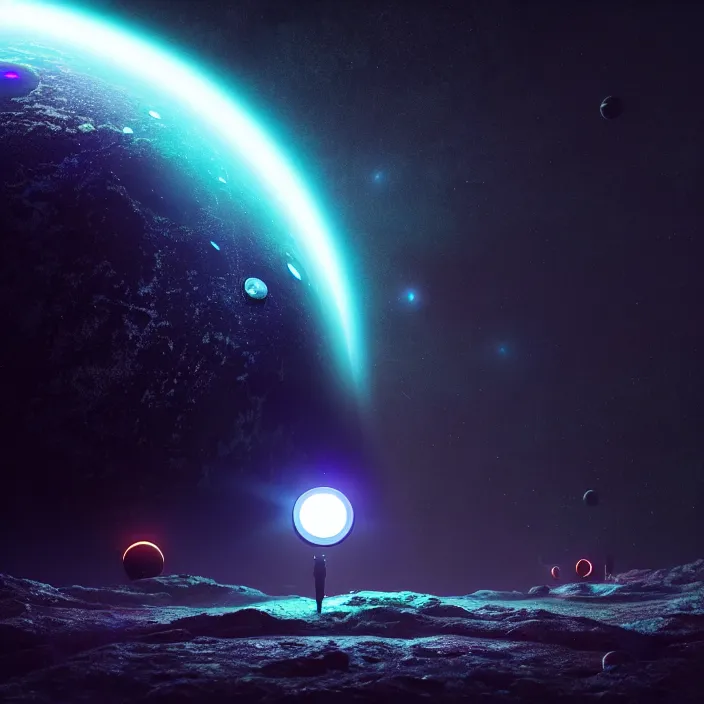 Image similar to a bioluminescent light connecting to mother earth, octane render, surrounded by space, stars and planets, darkly surreal, sci - fi, hyper - realistic, highly detailed, sharp focus, smooth, intricate