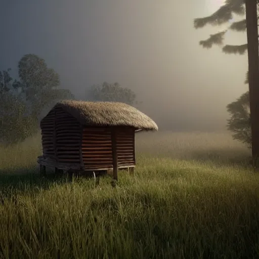 Image similar to still shot of a hut covered in morning fog, highly detailed, photorealistic portrait, bright studio setting, studio lighting, crisp quality and light reflections, unreal engine 5 quality render
