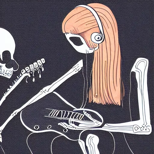 Image similar to skeleton wearing headphones watching girl playing guitar with her black cat standing next to her, digital art