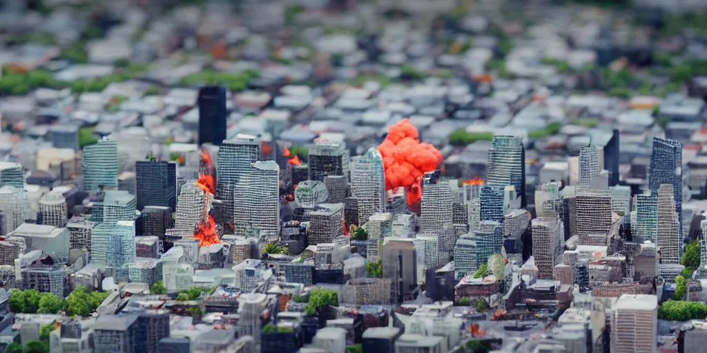 Prompt: a miniature diorama of downtown montreal with volcano mount - royal erupting, olympic stadium on fire, macro photography, tilt shift