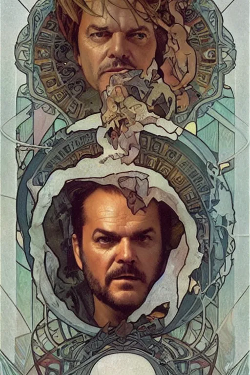 Prompt: a ship in a bottle but instead of a ship it is jack nicholson in the bottle, painting by alphonse mucha and artgerm and greg rutkowski