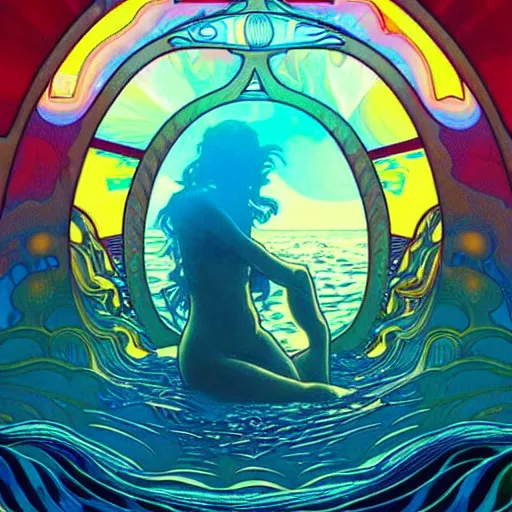 Prompt: ocean wave around giant psychedelic mushroom, lsd water, dmt droplets, backlit, sunset, refracted lighting, art by collier, albert aublet, krenz cushart, artem demura, alphonse mucha