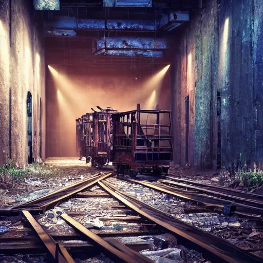 Prompt: an abandoned mine with rails and a trolley, the walls are lit with a dim blue light, cinematic, cyberpunk, 4k,