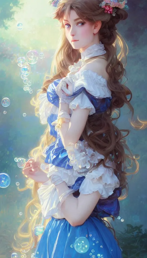 Image similar to portrait of magical lolita girl, dreamy and ethereal, blue eyes, peaceful expression, ornate frilly dress, fantasy, intricate, elegant, rainbow bubbles, highly detailed, digital painting, artstation, concept art, smooth, sharp focus, illustration, art by artgerm and greg rutkowski and alphonse mucha