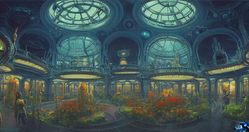 Image similar to fish eye lens a bright minimalist bioluminescent oil painting by donato giancola, warm coloured, cinematic scifi luxurious futuristic foggy steam filled victorian garden mall interior with microscopy radial windows flowers growing out of pretty bulbous ceramic fountains, gigantic pillars and flowers, maschinen krieger, beeple, star trek, star wars, ilm, atmospheric perspective