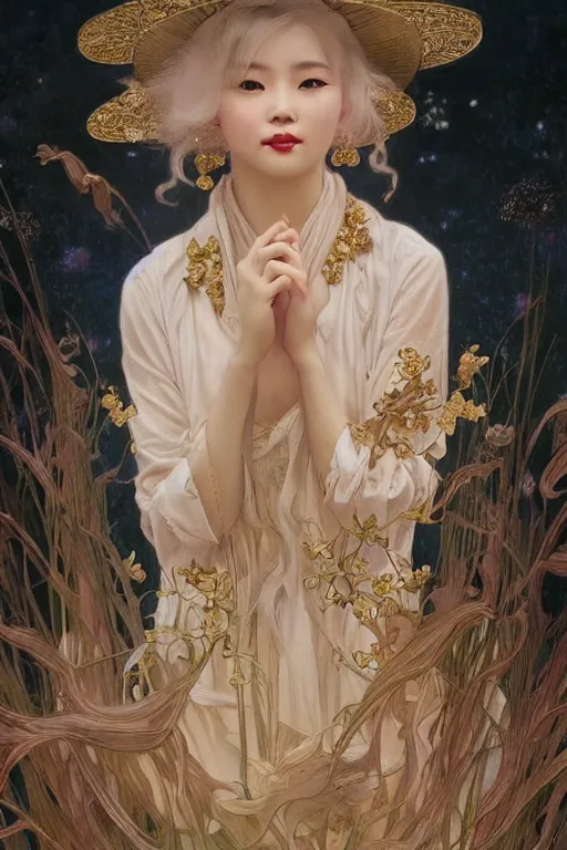 Prompt: beautiful asian girl, blonde hair, gold, god, white hair, 1 9 2 0 s fashion, fantasy, model pose, horror art, highly detailed, intricate, ethereal, highly detailed, sharp focus, artstation, digital painting, art by alphonse mucha, cedric peyravernay, tom bagshaw