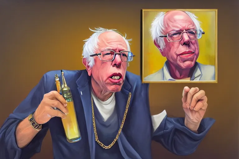 Image similar to Bernie Sanders as rap artist wearing gold chains and gold teeth, drinking cough syrup, oil on canvas, artstation, portrait, masterpiece, aesthetic