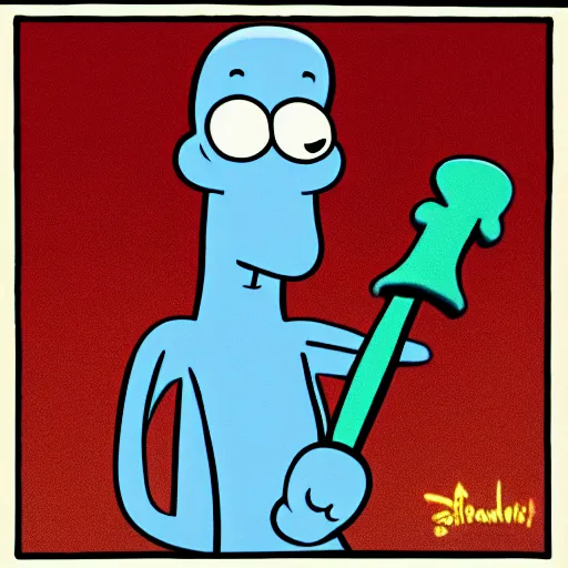 Image similar to squidward from spongebob squarepants with hair, holding a hammer