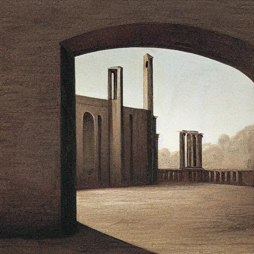Image similar to an old ruin of a city with a soft hivernal light painting by de chirico