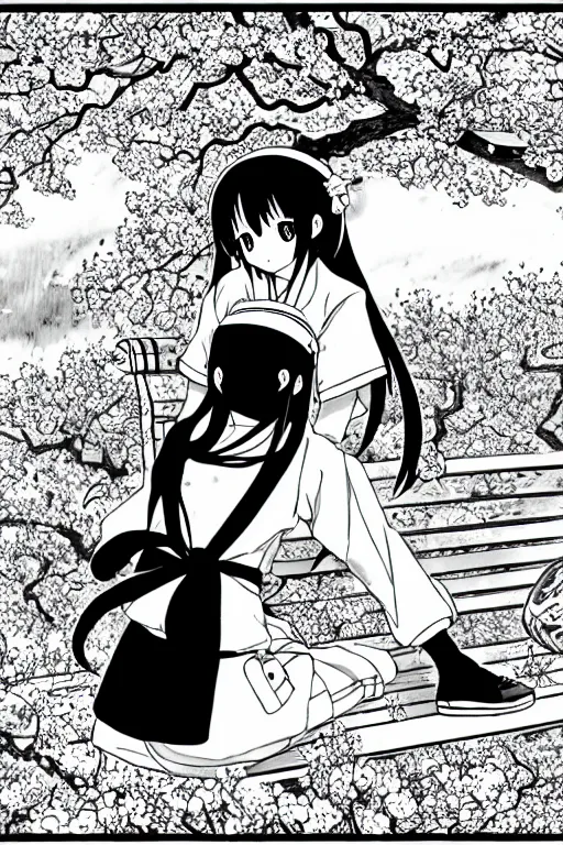 Image similar to black and white manga page, highly detailed pen, sharp high quality anime, shoujo romance, girl with long dark hair in sailor uniform, sitting on bench, cherry blossom tree in background with petals floating, drawn by Atsushi Ohkubo