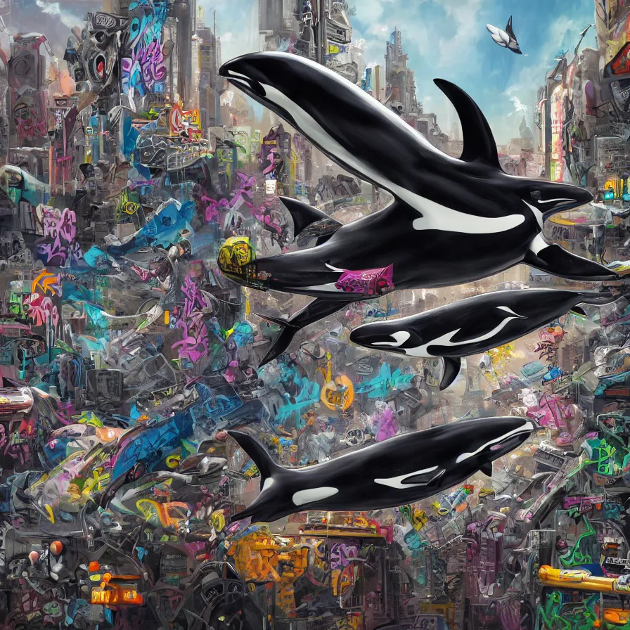 Prompt: an anatomical oil painting of an Orca covered in graffiti, flying through a cyberpunk city from a medical journal by Nychos and Ross Tran, highly detailed, high detail, 8k,