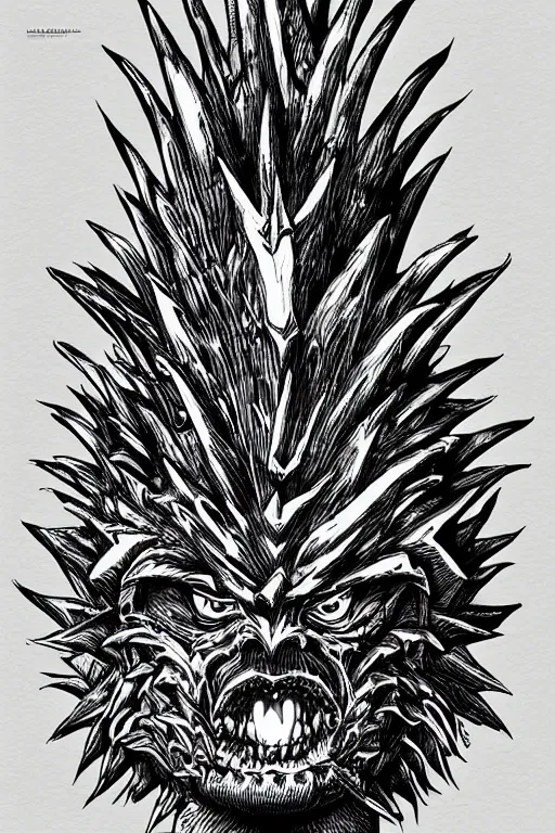 Image similar to screeching pineapple humanoid figure monster wearing themed armour, symmetrical, highly detailed, digital art, sharp focus, trending on art station, kentaro miura manga art style