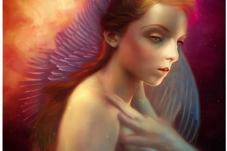 Image similar to pretty angel girl with wings photograph in the style of tom bagshaw, colorful, realistic, 8 k