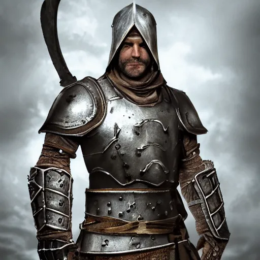 Prompt: hyper realistic photography of a skyrim medieval warrior wearing a heavy steel armor portrait