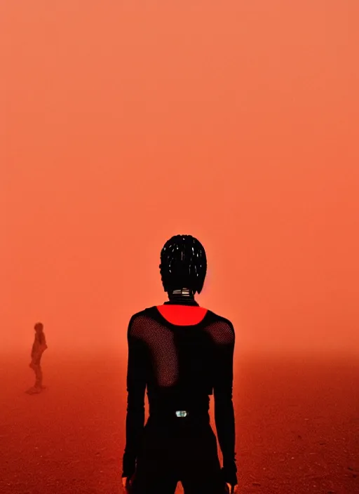 Prompt: cinestill 5 0 d photographic portrait of two loving female androids wearing rugged black mesh techwear on a desolate plain with a red sky, extreme closeup, modern cyberpunk, cropped top, dust storm, 8 k, hd, high resolution, 3 5 mm, f / 3 2, ultra realistic faces, ex machina, blade runner