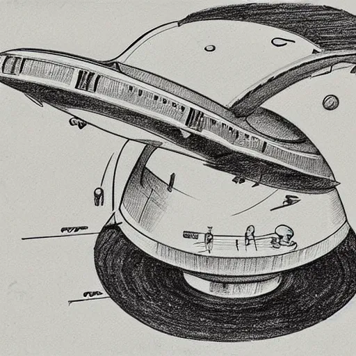 Image similar to vintage, detailed, pencil sketch of sci - fi ufo construction, all parts, with full descriptions, on old parchment