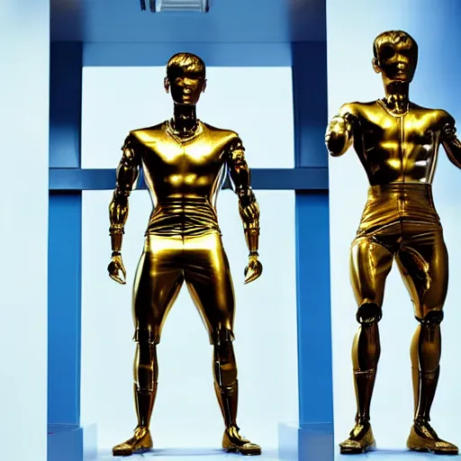 Image similar to a realistic detailed photo of a guy who is an attractive humanoid who is half robot and half humanoid, who is a male android, attractive and handsome soccer players, shiny skin, posing like a statue, blank stare, in a factory, on display, showing off his muscles, gold soccer shorts, side view, looking at each other mindlessly