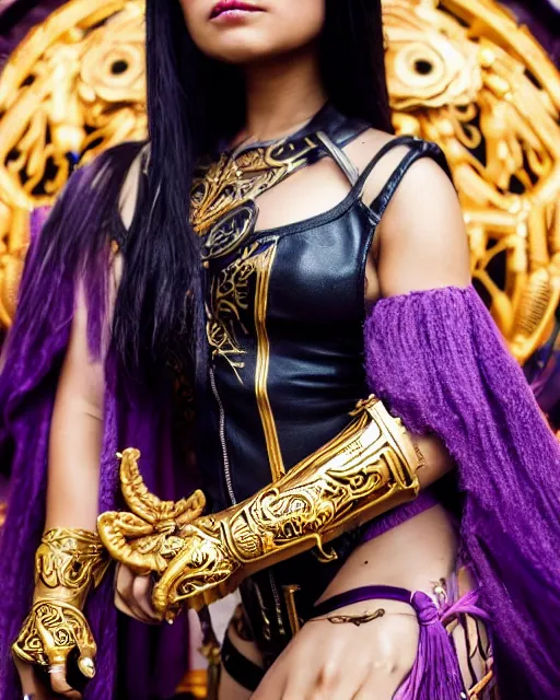 Image similar to a beautiful close up photo of a Filipina female with long hair and purple eyes, no helmet, wearing leather and gold futuristic steampunk costume , with ornate rune carvings and glowing lining, very detailed, shot in canon 50mm f/1.2