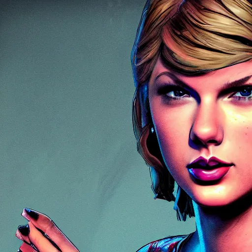 Image similar to taylor swift portrait, borderlands, tales from the borderlands, the wolf among us, comic, cinematic lighting, studio quality, 8 k