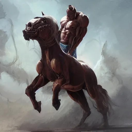 Prompt: an enormously muscular horse at a research facility doffed in leather, highly detailed, digital painting, artstation, concept art, illustration, art by artgerm and greg rutkowski and wlop