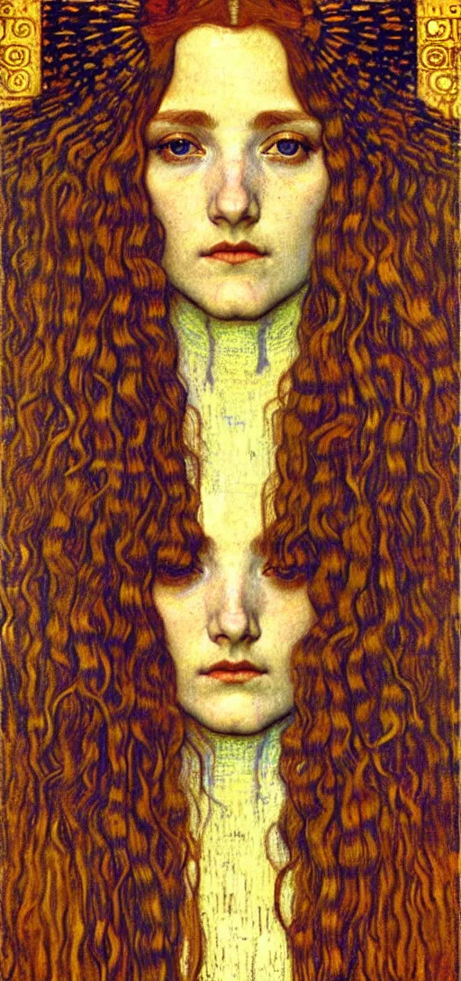 Image similar to detailed realistic beautiful young medieval queen face portrait by jean delville, gustav klimt and vincent van gogh, art nouveau, symbolist, visionary, gothic, pre - raphaelite, muted earthy colors, desaturated