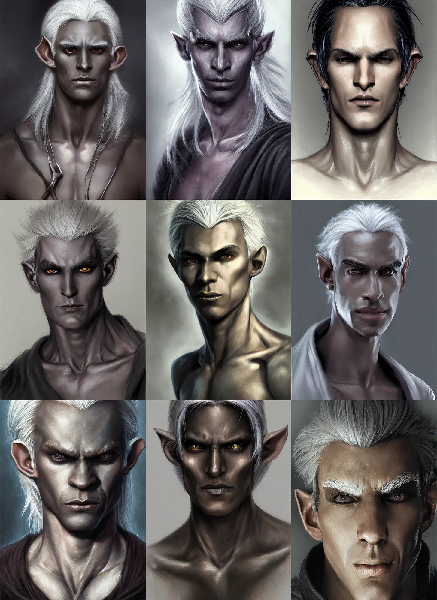 Prompt: a portrait of a dark drow elf male, long length slick white hair, charcoal skin, deep thinker, handsome, smooth skin, young adult in with late twenties, raised eyebrows, pointed chin, charcoal color skin, style by donato giancola, wayne reynolds, jeff easley dramatic light, high detail, cinematic lighting, artstation, dungeons and dragons