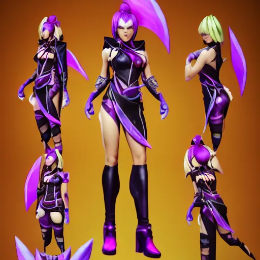 Image similar to character sheet of beautiful KDA akali (wild rift). 3d render, octane render, realistic, highly detailed, trending on artstation, 4k, trending on artstation, pixar, cgsociety, unreal engine 5, redshift render, trending on artstation, blender, behance, cg