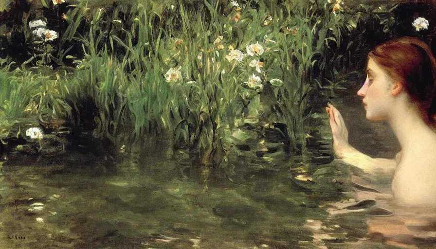 Prompt: artwork painting of a woman looking into the water, there are figures under the water looking by eugene von guerard, ivan shishkin, john singer sargent