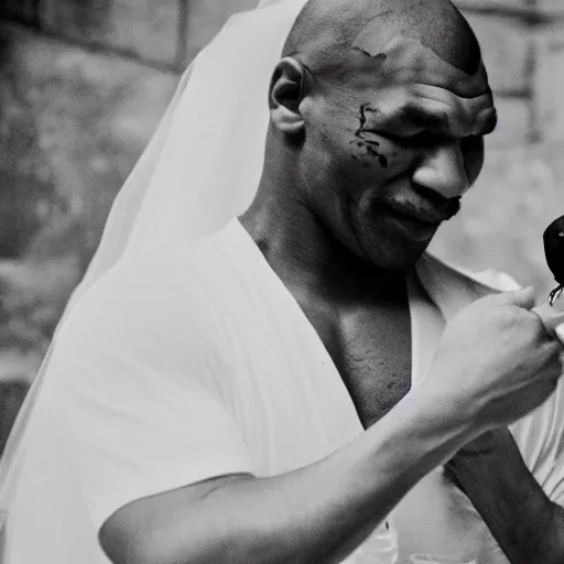 Prompt: a cinematic film still of Mike Tyson getting married to a pigeon, portrait, 40mm lens, shallow depth of field, close up, split lighting, cinematic