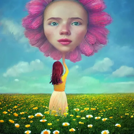 Image similar to giant daisy flower head, girl standing in a flower field, surreal photography, sunrise dramatic light, impressionist painting, colorful clouds, digital painting, artstation, simon stalenhag, flower face