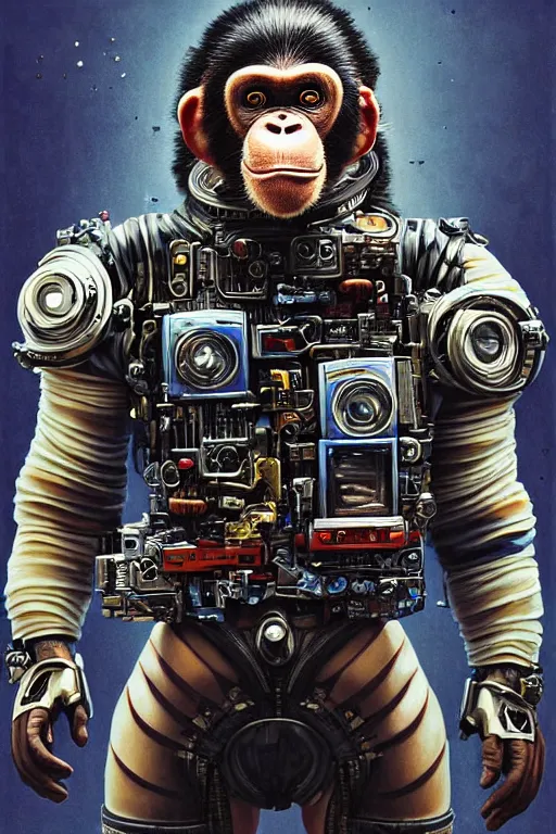Image similar to a portrait of a muscular anthropomorphic cyberpunk chimp in spacesuit armor with ensignia on chest plate by sandra chevrier, by jon foster, detailed render, pistol in holster, extremely hyperdetailed, tape deck, epic composition, cybernetics, 4 k realistic, cryengine, realistic shaded lighting, sharp focus, masterpiece, by enki bilal