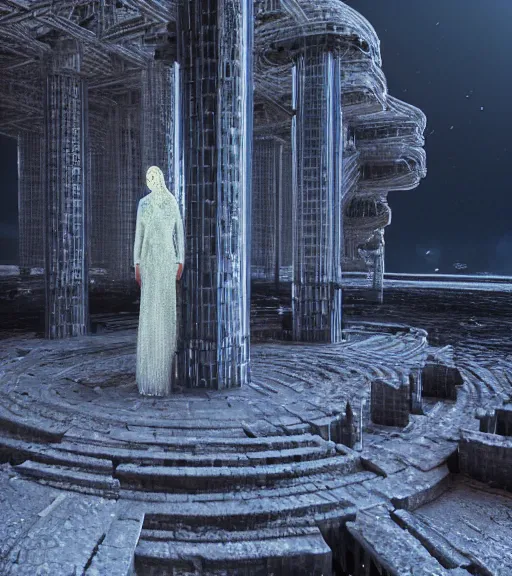 Image similar to tarkovsky greatest scene,, cold world, the ancient destroyed majestic tower of babylon, woman in futuristic cyber clothing, transparent puffer jacket, hyper realistic, blockchain, cyber world, ambient lighting, concept art, intricate, hyper detailed, smooth, dynamic volumetric lighting, octane, ray trace, cinematic, high quality, high resolution, 4 k, cgsociety