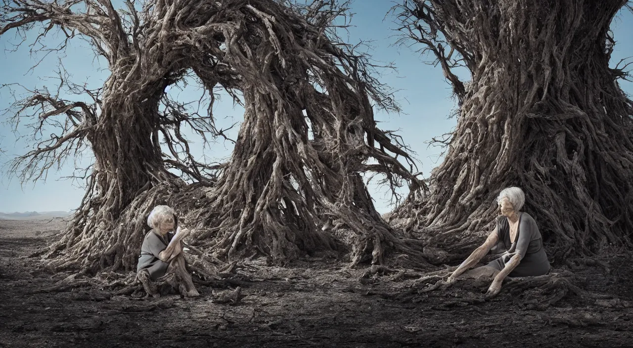 Image similar to 65-year-old woman merged with a tree, crying one single tear, facing the camera and sitting on a dried up river in a desolate land, blue sky, hot and sunny, highly-detailed, elegant, dramatic lighting, artstation, 4k, cinematic landscape, photograph by Elisabeth Gadd