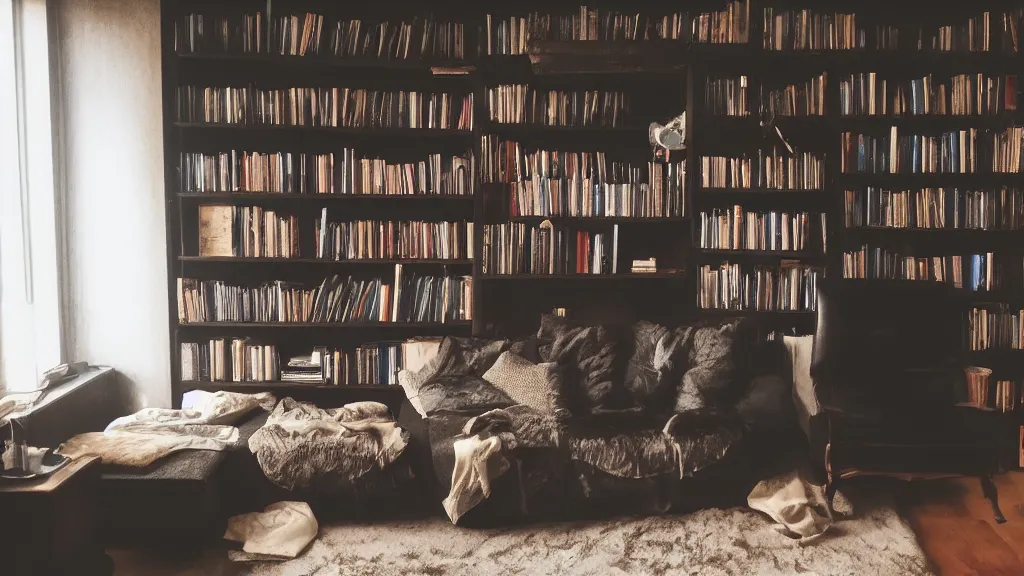 Prompt: a dark room with a couch and a small shelf with book lit by a dim light.