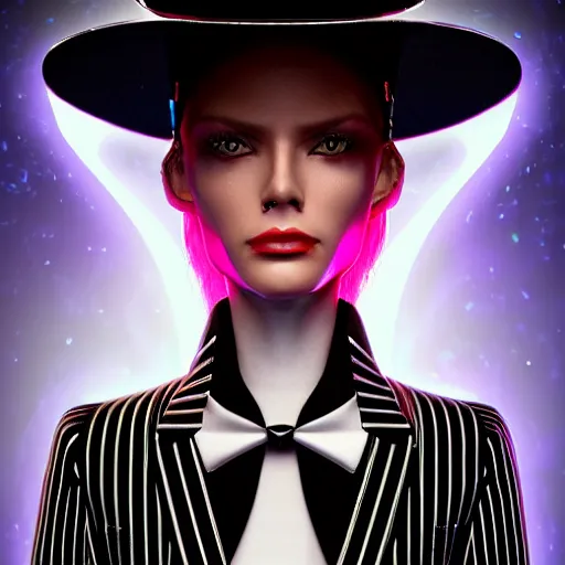 Image similar to alien stylish woman cartoon portrait made out of rain, pinstripe suit, top hat, galactic background, rendered in octane, unreal engine, highly detailed, trending on artstation, realistic, neon, beautiful