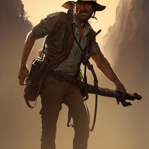 Prompt: indiana jones, highly detailed, illustration, fantasy art, in the style of greg rutkowski, epic, fantasy, intricate, hyper detailed, artstation, concept art, smooth, sharp focus, ray tracing