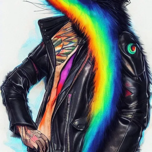 Image similar to wide angle full body, jacket wearing fluffy cute rainbow kitten wearing a black leather motorcycle jacket, cinematic concept art