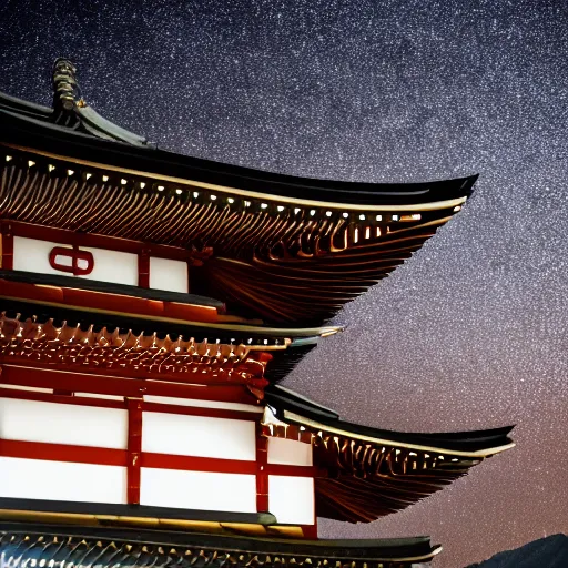 Prompt: photo of beautiful femal nina on top of a Japanese temple, night, cinematic, high detail, 8k,