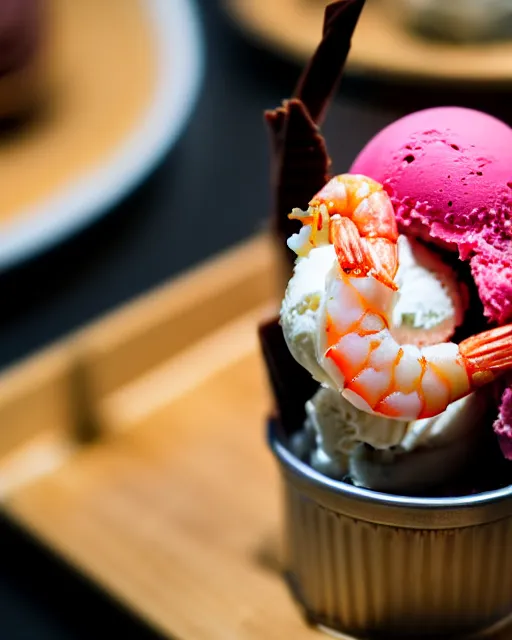 Prompt: dslr food photograph of an ice cream desert with a shrimp on. 8 5 mm f 1. 4