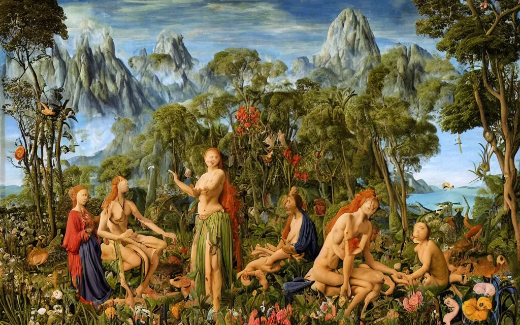 Image similar to a portrait photograph of a meditating harpy and a centaur prince feeding tropical animals at a wide river delta. surrounded by bulbous flowers, animals and trees. mountain range under a vast blue sky of burning stars. painted by jan van eyck, max ernst, ernst haeckel and artgerm, cgsociety, artstation, fashion editorial