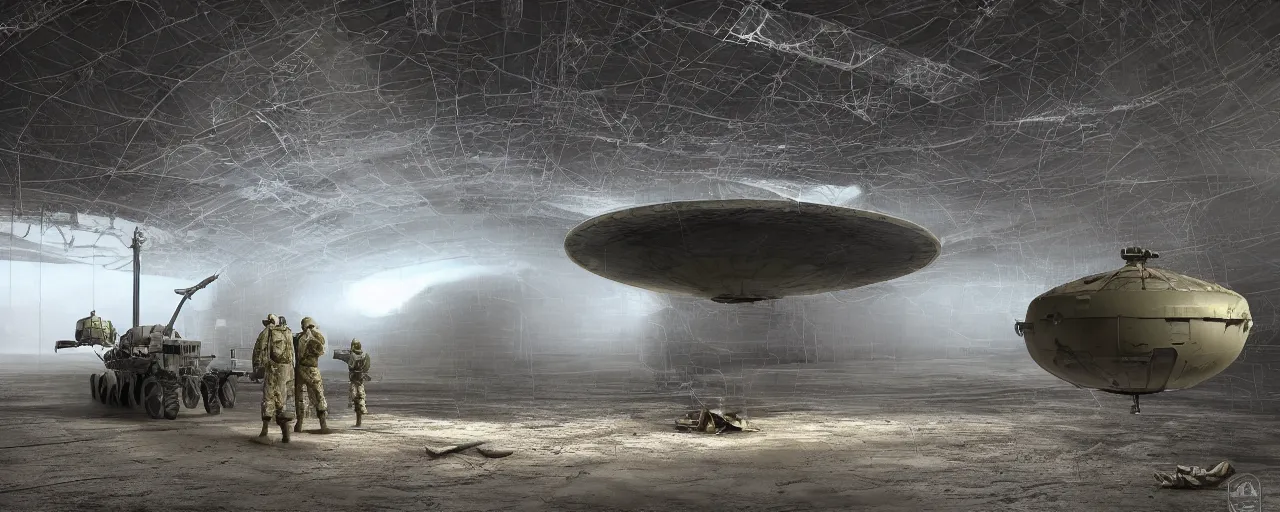 Prompt: engineer repairs special flying saucer full of modern military equipment, in the hall of area 55, high detail, ground fog, wet reflective ground, saturated colors, by Darek Zabrocki, render Unreal Engine-H 1024
