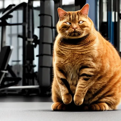 Image similar to a very fat cat doing exercises at the gym, photorealistic, hd