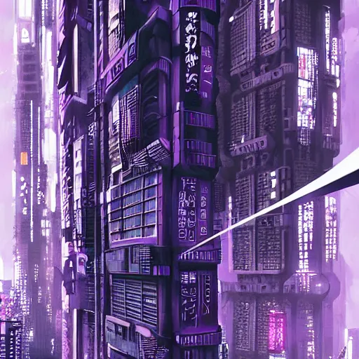 Image similar to Futuristic Concrete Dense Tokyo in style of Tsutomu Nihei in purple and black tones. ArtStation, Cyberpunk, vertical symmetry, 8K, Highly Detailed, Intricate, Album Art.