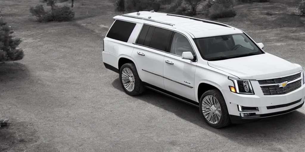 Prompt: High angle shot, white SUV inspired by a Cadillac Escalade and Chevrolet Tahoe
