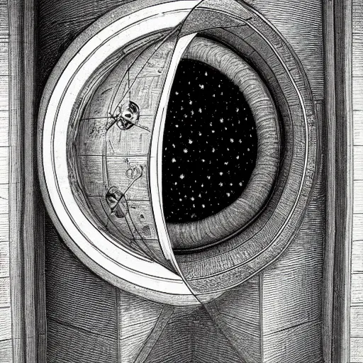 Image similar to astronaut opening door that shows the universe illustrated by davinci, golden ratio, circles, squares, perfection, intricate, sublime, heavenly, doorway, detailed, pencil art, spirals