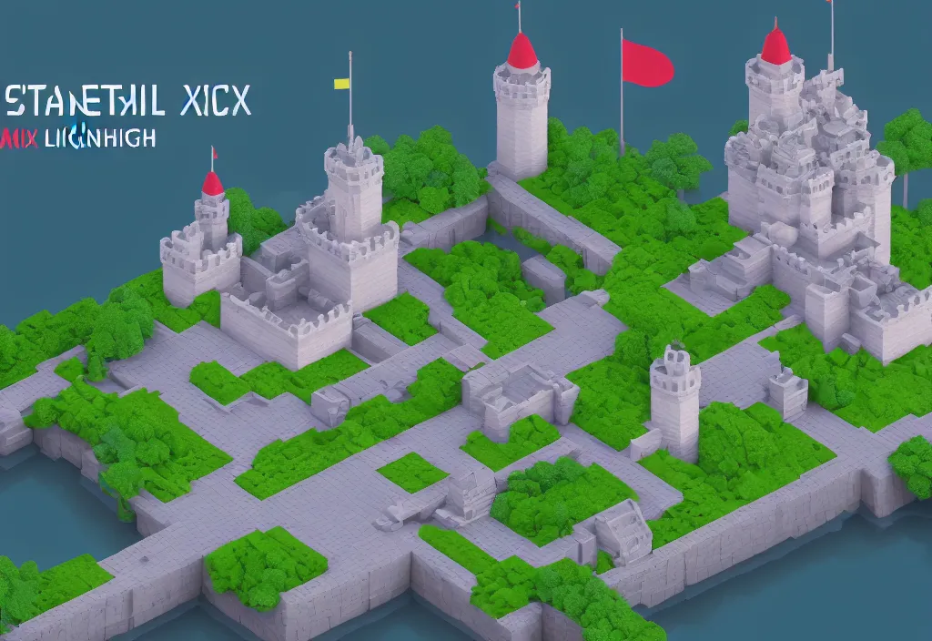 Image similar to isometric magicavoxel japanese castle cinematic lighting, 4k