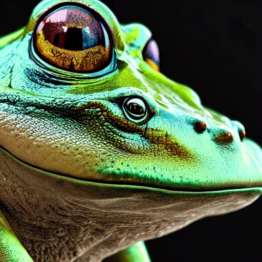 Image similar to hyperrealistic mixed media image of bullfrog with face info wars alex jones, stunning 3 d render inspired art by xiang duan and thomas eakes, perfect facial symmetry, hyper realistic texture, realistic, highly detailed attributes and atmosphere, dim volumetric cinematic lighting, 8 k octane detailed render, post - processing, masterpiece,